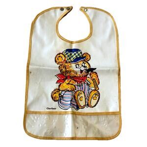 VTG Gerber Bear Toddler Plastic Snap On Vinyl Bib W/Crumb Catcher Pocket 60s 70s